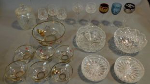 A vintage painted decorated dessert set and a collection of miscellaneous glass items.