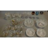 A vintage painted decorated dessert set and a collection of miscellaneous glass items.