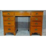 A 19th century mahogany three section brass bound military style campaign chest with inset tooled