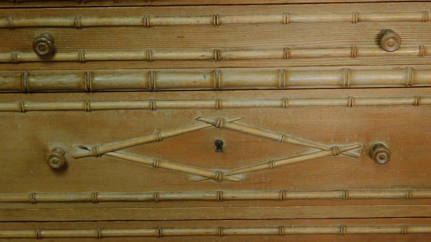 A Victorian pitch pine dressing table in the faux bamboo style with inset marble top. H.173 W.112 - Image 5 of 8