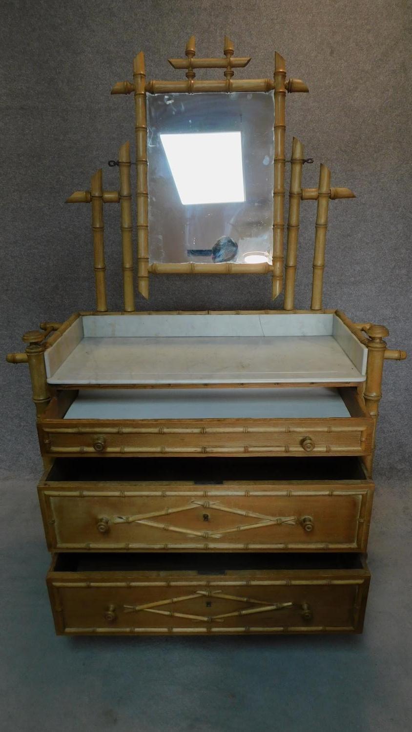 A Victorian pitch pine dressing table in the faux bamboo style with inset marble top. H.173 W.112 - Image 2 of 8