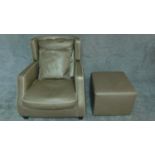 An Art Deco style leather upholstered armchair with cream piping with a matching footstool. H.