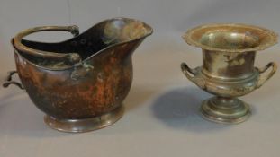 A copper and brass helmet shaped coal bucket and a campana form ice bucket. H.27cm (tallest)