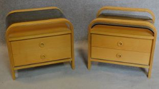A pair of vintage oak and plywood bedside cabinets with drop in smoked glass tops. H.50 W.54 D.42cm