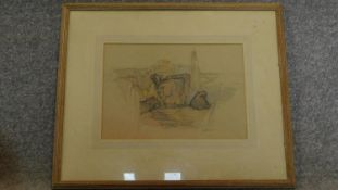 A framed and glazed pastel and watercolour sketch, cows in a farmyard, signed Ivy Bailey, gallery