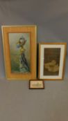 A framed oil on board, puppet of Lord Krishna a framed Chinese screen print of ducks and a miniature