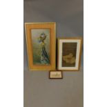 A framed oil on board, puppet of Lord Krishna a framed Chinese screen print of ducks and a miniature