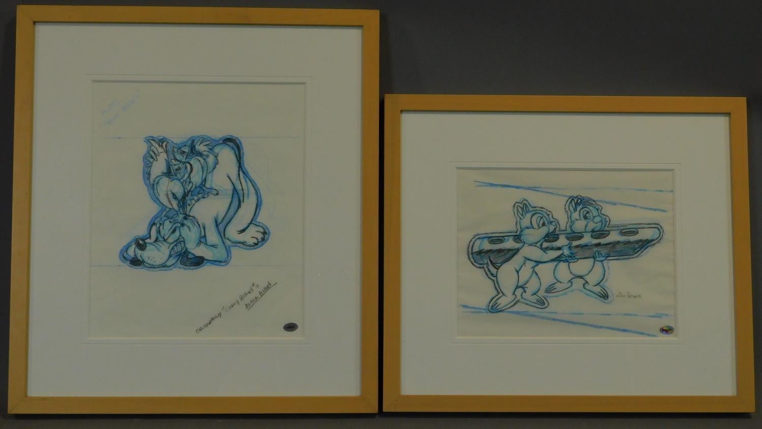 Two framed and glazed pencil drawings by Mike Royer, Pluto and Chipmunks. 44x49cm