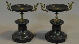 A pair of Victorian slate tazzas with brass handles and central column. H.24cm (side pieces from a