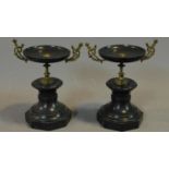 A pair of Victorian slate tazzas with brass handles and central column. H.24cm (side pieces from a