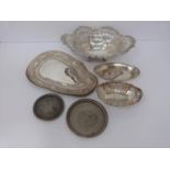 A collection of silver and white metal items including, trays and dishes, two pierced dishes one