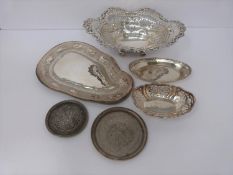 A collection of silver and white metal items including, trays and dishes, two pierced dishes one