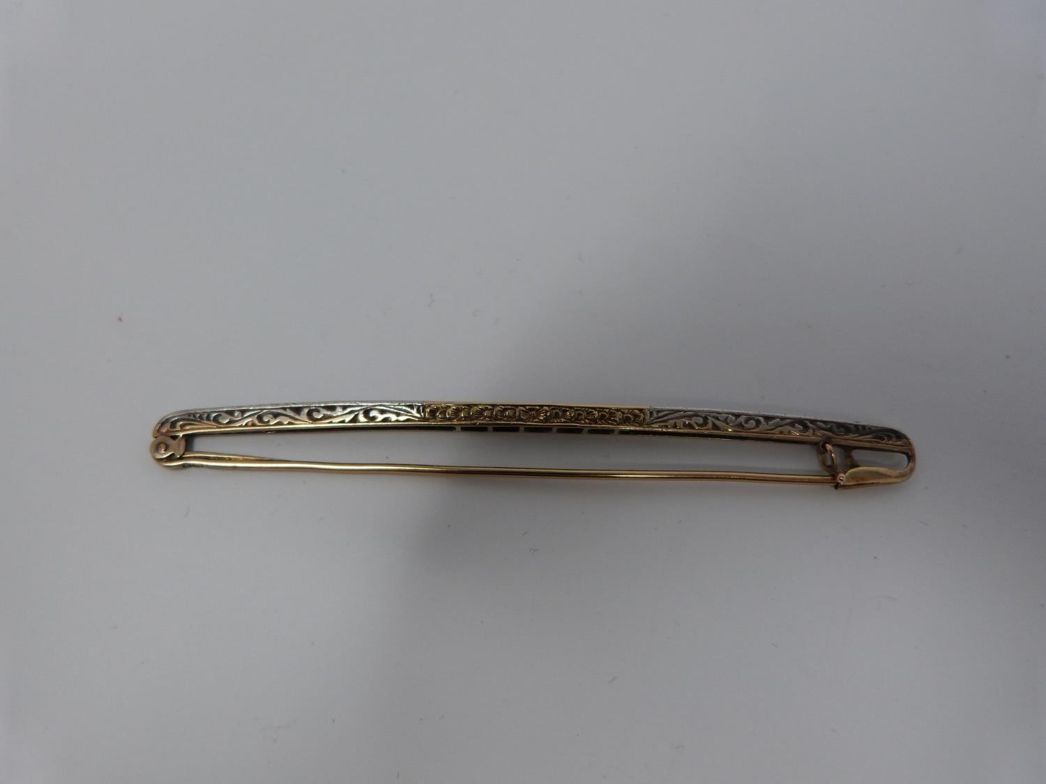 An antique cailbré cut sapphire and rose cut diamond elliptical bar brooch with engraved gallery, - Image 5 of 10