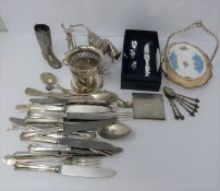 A collection of silver plate, including a white metal Oriental man and a bull, boot toothpick