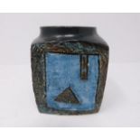 A small blue and turquoise square Troika vase, signed Troika, Cornwall, England