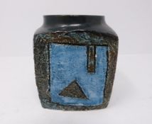 A small blue and turquoise square Troika vase, signed Troika, Cornwall, England