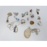 A collection of silver and silver and gem set jewellery, amethyst and pearl pendant, amethyst rings,