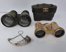 A pair of binoculars marine, field and theatre, multiple view, cased mother of pearl opera glasses