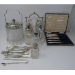 Collection of silver plate including, cruet, cut glass buiscuit barrel, cased butter and cut glass
