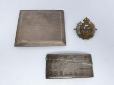 Two silver cigarette cases and a Royal engineer hat badge, one gilded inside, Birmingham, 1925,