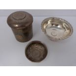 A collection of white metal dishes and a box decorated with coins and a silver and horn twist handle
