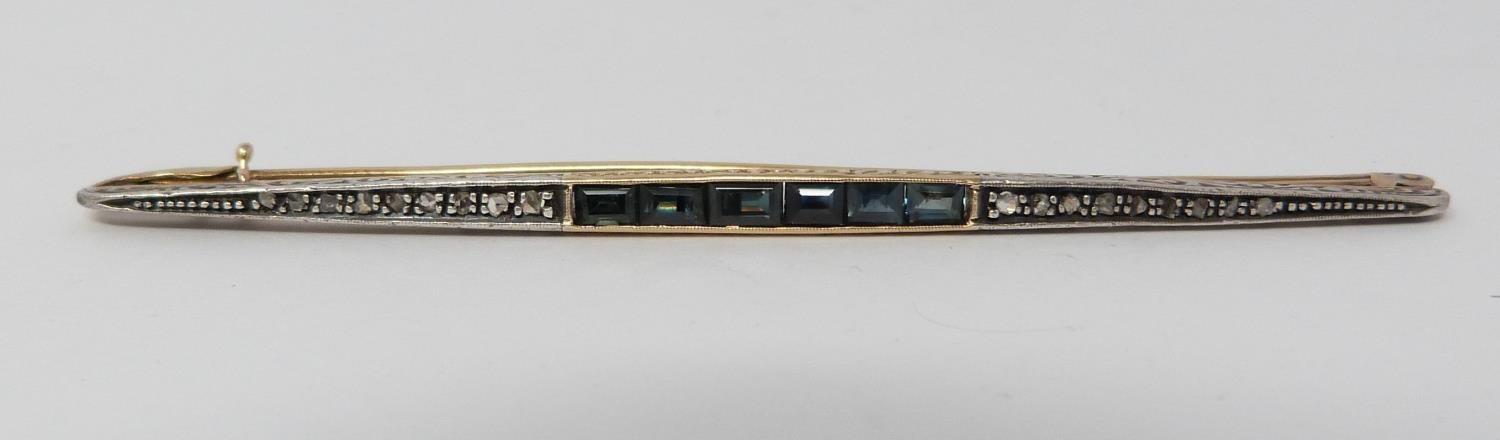 An antique cailbré cut sapphire and rose cut diamond elliptical bar brooch with engraved gallery, - Image 10 of 10