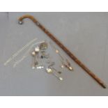 Collection of silver items, jewellery and white metal topped and collared walking cane, cameo and