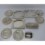 Three silver ash trays, a silver lidded box, silver salt and silver plated floral dishes, box: