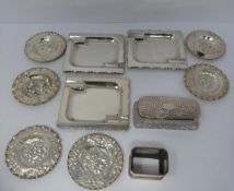 Three silver ash trays, a silver lidded box, silver salt and silver plated floral dishes, box: