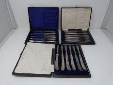 3 cases of silver handled knives, two sets, small knives, epns blades, silver, hollow handles (