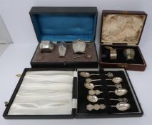 Hong silver spoons in box, cased silver christening set and cased silver cruet set, spoons having