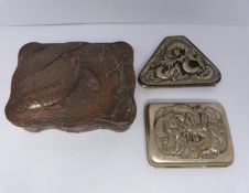 A white metal dragon cigarette case, concertina purse and copper Japanese box, copper box with Koi