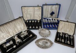 Two cased sets of coffee spoons, two silver dishes and two cased silver plated sets, EPNS grapefruit