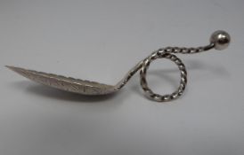 A white metal Norwegian leaf twist handle tea caddy spoon, engraved bowl. Stamped 'C. Rouseth, 113