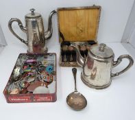 A collection of costume jewellery, silver plate tea service and silver plated cased spoons, service: