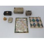 A collection of boxes, pearl card cases and carved bone three monkeys, carved pearl chinese box,