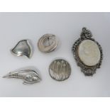 A silver mother of pearl cameo brooch/pendant with Marcasite stones with four other vintage