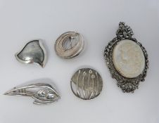 A silver mother of pearl cameo brooch/pendant with Marcasite stones with four other vintage