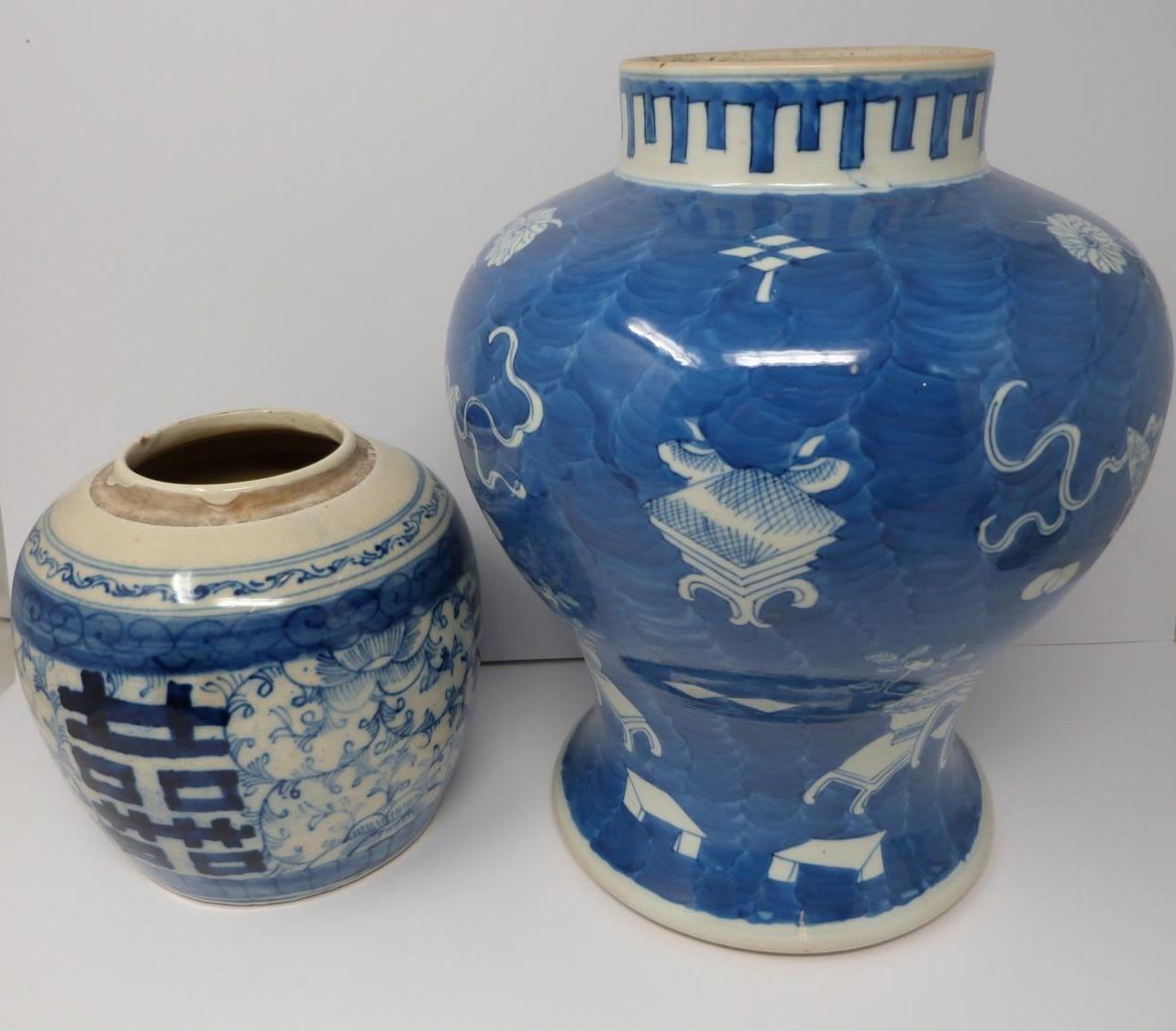 A large blue and white lidded jar (missing lid), Qing dynasty, 19th century, Kangxi mark double blue