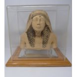 Victorian replica limestone Egyptian bust on stand in bespoke case. Resembles Ramases.