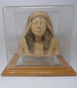 Victorian replica limestone Egyptian bust on stand in bespoke case. Resembles Ramases.