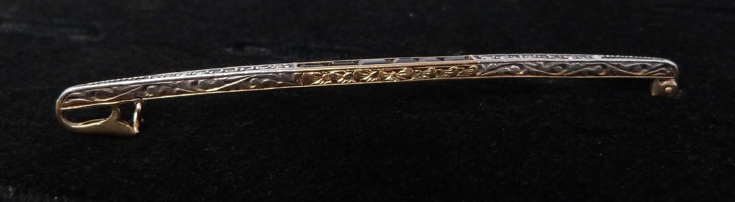 An antique cailbré cut sapphire and rose cut diamond elliptical bar brooch with engraved gallery, - Image 3 of 10