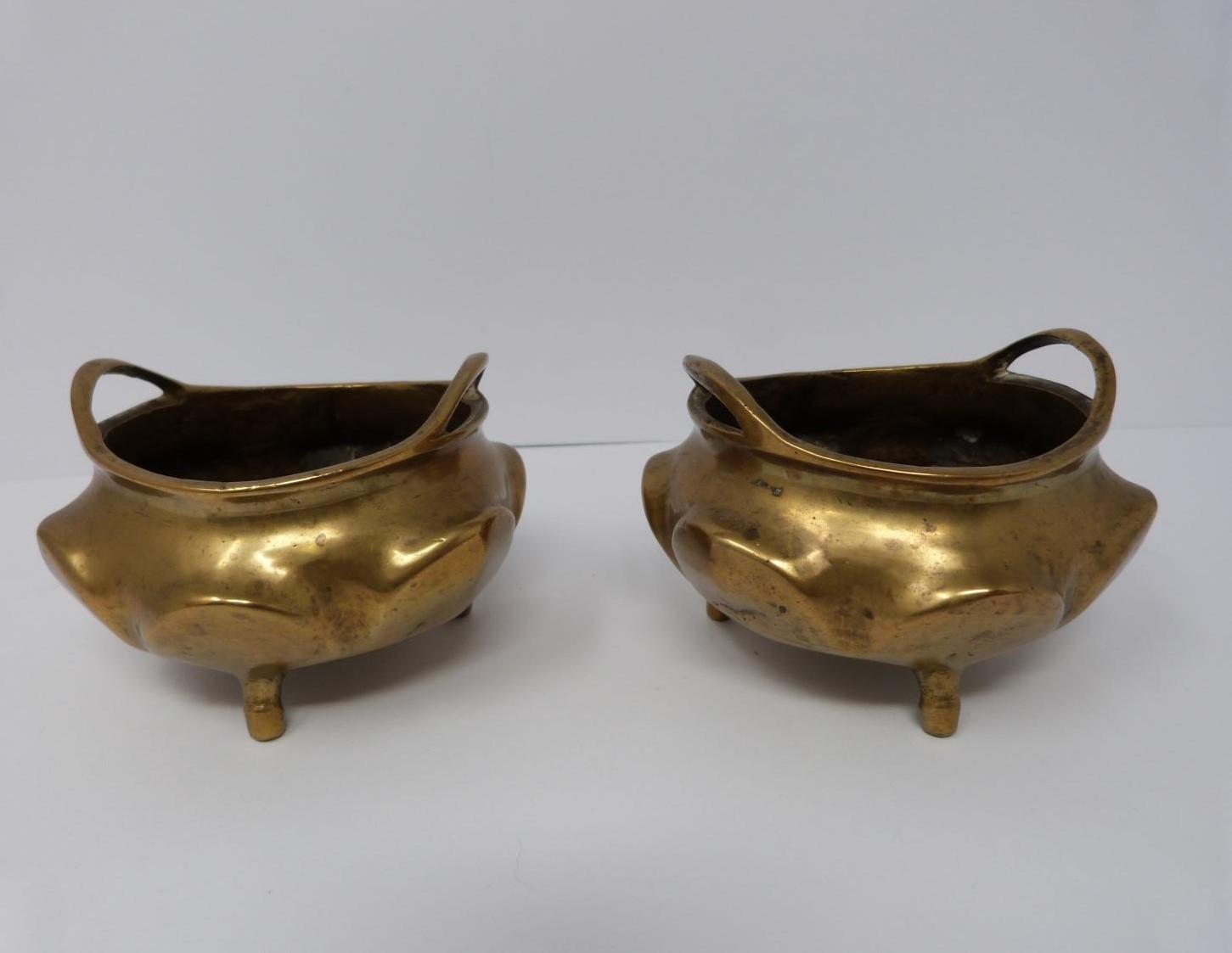 A pair of bronze censers, Xuande mark but 19th century, unusual lotus shape, diameter 10 cm,