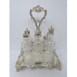 Victorian heavy Sheffield plate and silver plate cut glass cruet set, highly decorated borders,