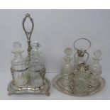 An 1865 Elkington silver plated cruet and a silver plated and cut glass cruet set.