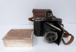 Zeiss Ikon vintage camera in leather case and french engraved cigarette box, box with scene of