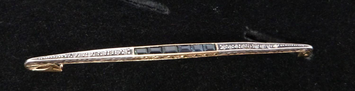 An antique cailbré cut sapphire and rose cut diamond elliptical bar brooch with engraved gallery, - Image 2 of 10