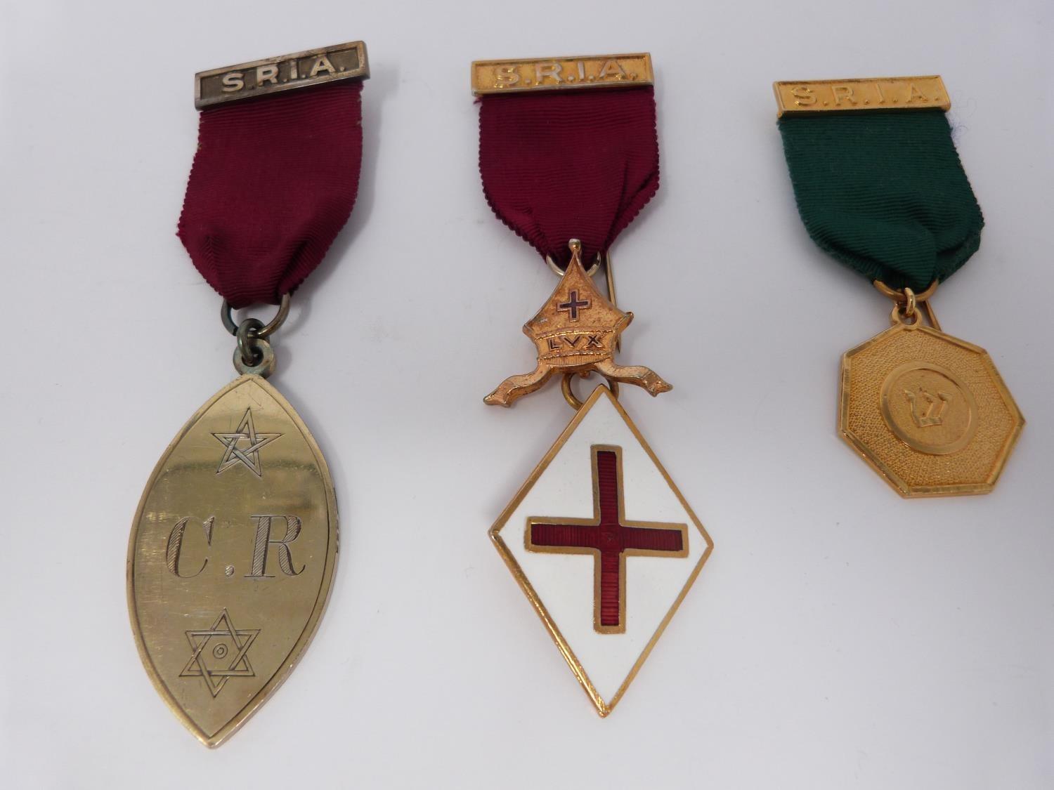 A group of Masonic medals, five including two silver, a double headed eagle holding sword with - Image 2 of 7