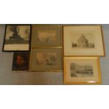 A miscellaneous collection of five 18th century and later framed and glazed prints and an unframed