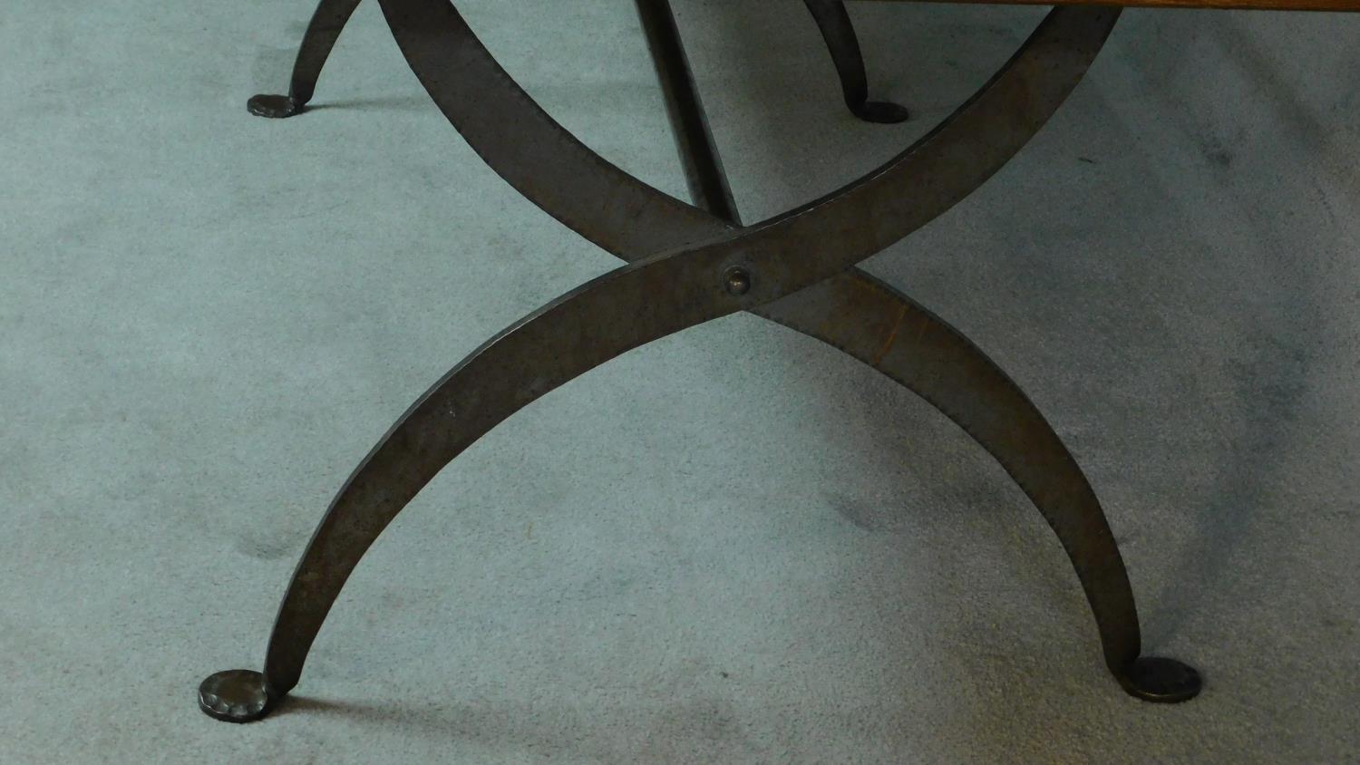 An oak topped refectory dining table on metal x frame support. H.74 W.209 D.90cm - Image 4 of 6